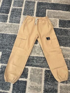 Kids Tan Cargo Jogger Pants with Drawstring Waist